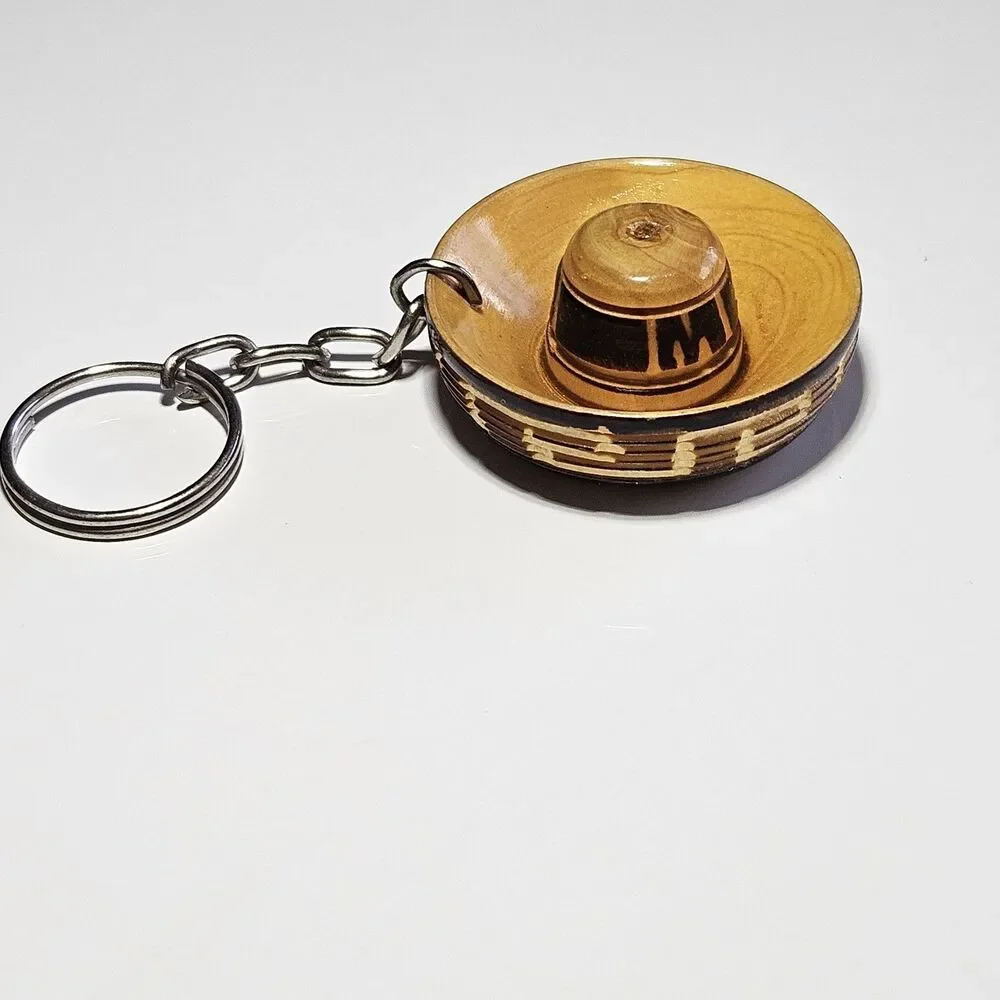 Vintage Wooden Hand Carved Mexican Sombrero Keychain